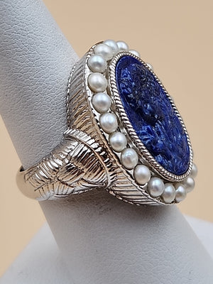 LYDIA Lapis Lazuli/Pearl/Sterling Silver Hand Carved Cameo Ring Size 7