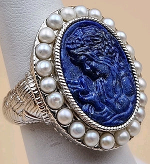 LYDIA Lapis Lazuli/Pearl/Sterling Silver Hand Carved Cameo Ring Size 7