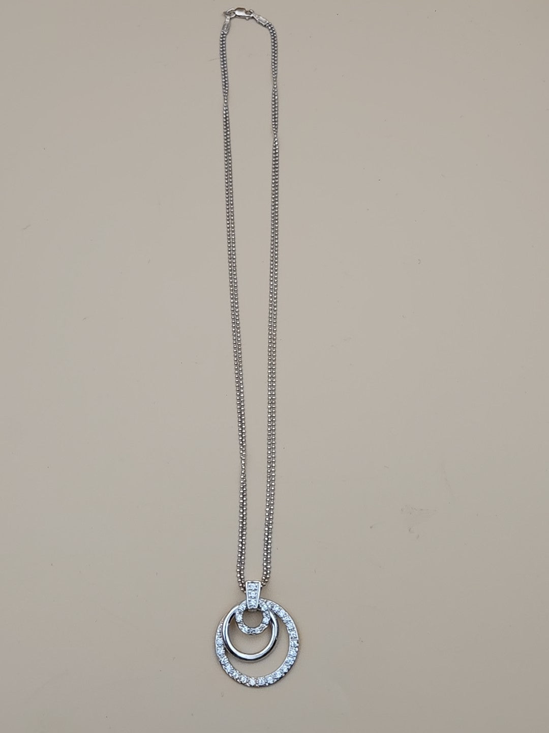 Sterling Silver Dbl. Beaded Chain/ Triple Circle Crystal Pendant & Earrings Set