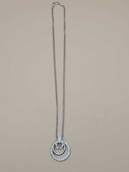 Sterling Silver Dbl. Beaded Chain/ Triple Circle Crystal Pendant & Earrings Set