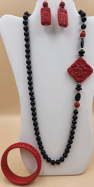 AMBER FOREVER  Carved Cinnbar Tablet/Blk Jade & Onyx /14KGF Beaded Necklace Set