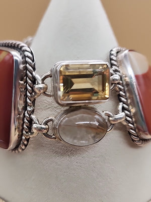Yellow Citrine/Red Jasper/Rutilated Quartz/Sterling Silver 8"Adjustable Bracelet