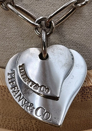 TIFFANY AND CO. 925 Silver Dbl. Dangle Heart 8" Open Link Charm Bracelet