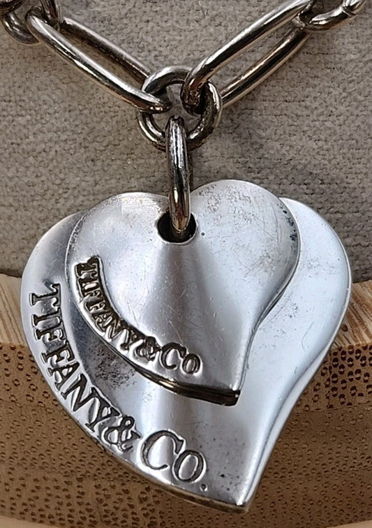 TIFFANY AND CO. 925 Silver Dbl. Dangle Heart 8" Open Link Charm Bracelet
