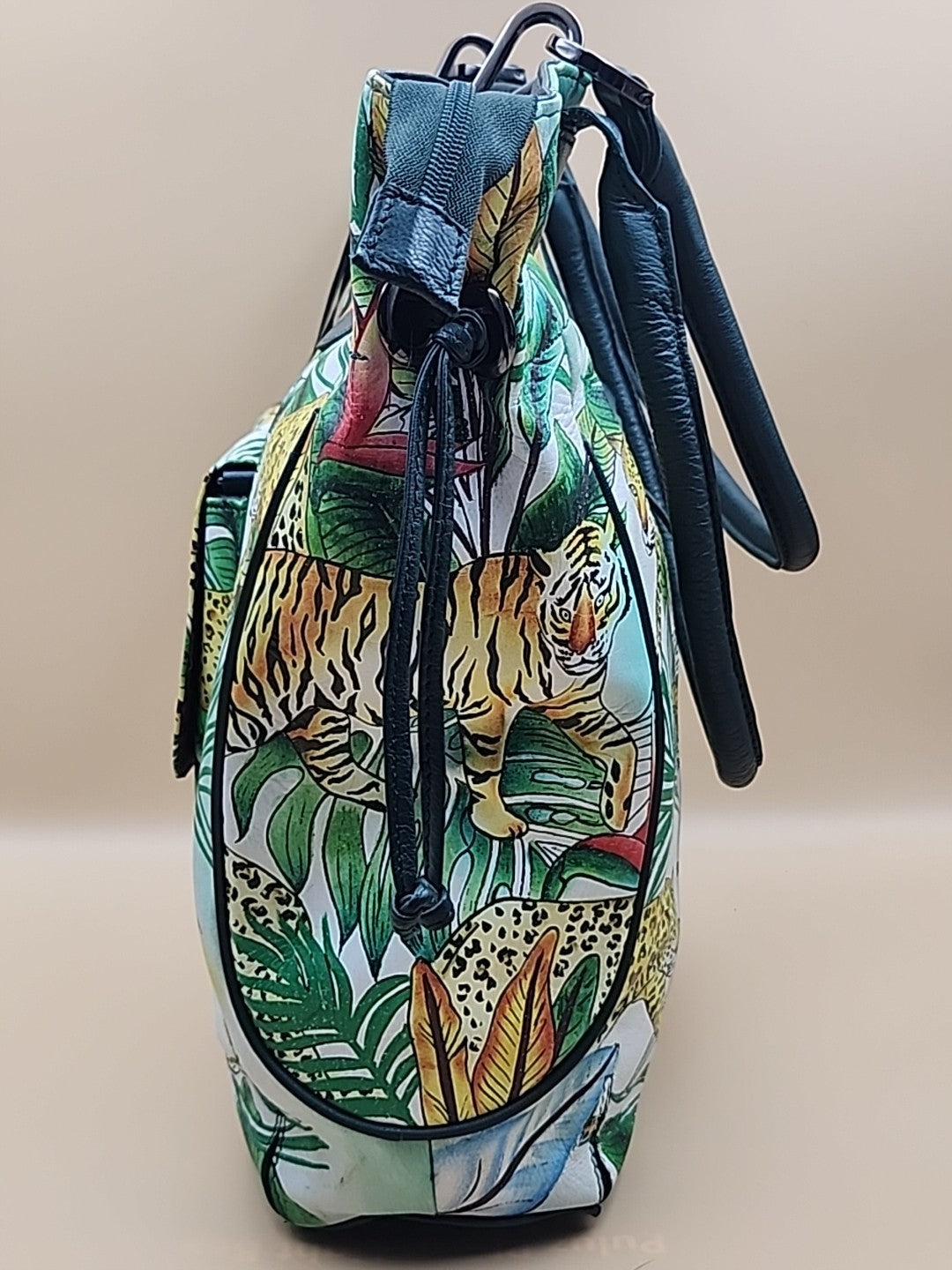 Sharif Hand Painted Jungle Tiger  Leather Hand Bag With  Detachable Crossbody