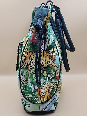 Sharif Hand Painted Jungle Tiger  Leather Hand Bag With  Detachable Crossbody