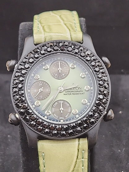 CROTON Green Leather Band/Chronograph/Water Resistant Gemmed Womens Watch