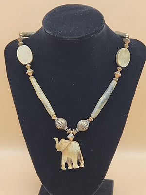 Polished Carved Green Agate Stone/African Elephant  30" Gold Tone Necklace
