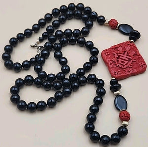 AMBER FOREVER  Carved Cinnbar Tablet/Blk Jade & Onyx /14KGF Beaded Necklace Set