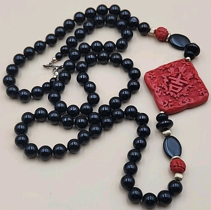 AMBER FOREVER  Carved Cinnbar Tablet/Blk Jade & Onyx /14KGF Beaded Necklace Set