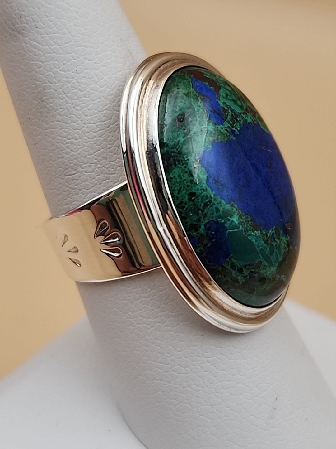DESERT ROSE TRADING Azurite/Sterling Silver/Stamped Design Band/Ring Size 8