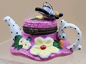 Limoges Hand Painted Teapot Sunhat With Butterfly/Flowers Porcelain Trinket Box