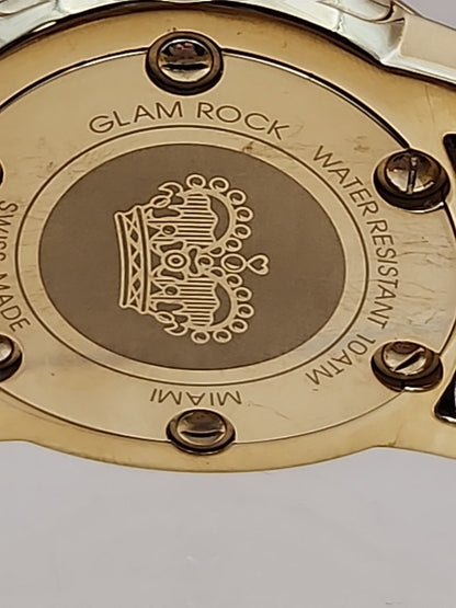 GLAM ROCK Miami Quartz Gold Tone/Crystal Indices/Glowing Hands Watch NEW BATTERY