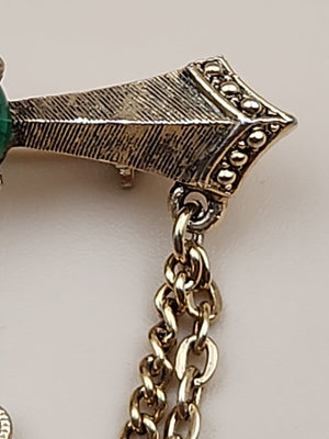 1950's-60's Victorian Revival Jadeite Cabochon/Gold Tone Cameo Dangle Brooch