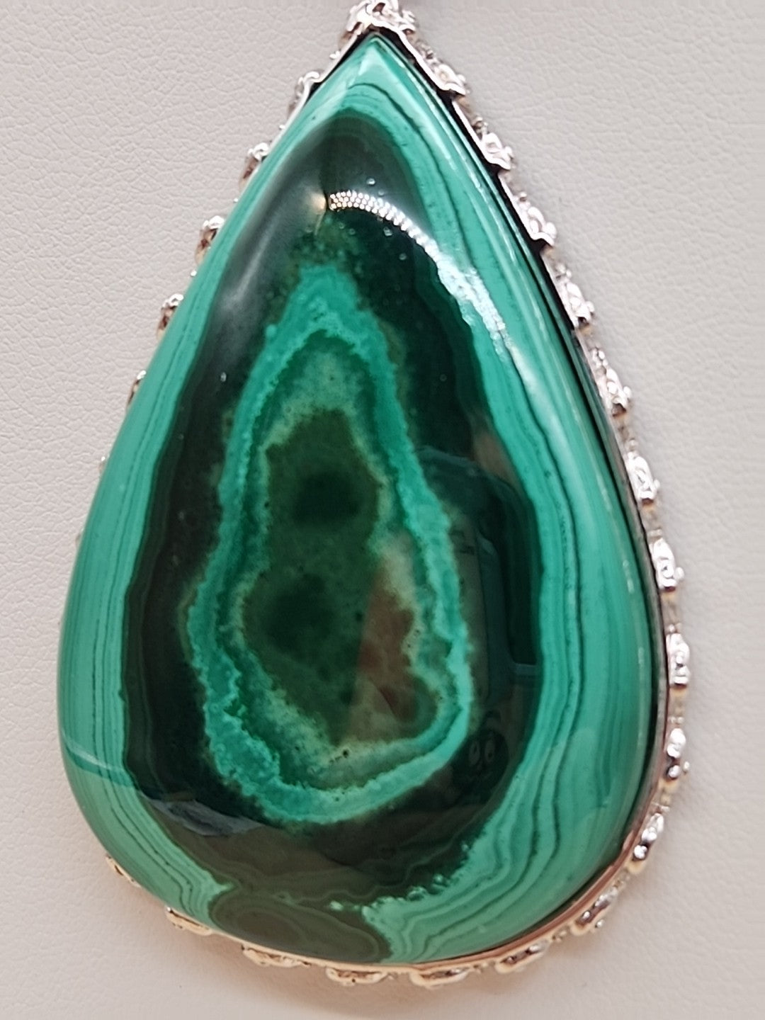 Green Malachite/Sterling Silver/Elephant Design Bezel Statement Pendant