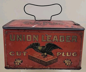 1900's UNION LEADER Antique Cut Plug Tobacco Tin With Lock And Handle
