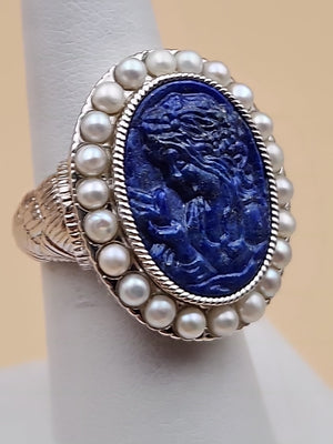 LYDIA Lapis Lazuli/Pearl/Sterling Silver Hand Carved Cameo Ring Size 7