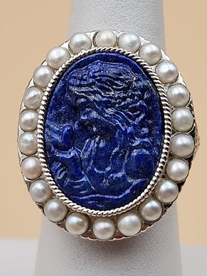 LYDIA Lapis Lazuli/Pearl/Sterling Silver Hand Carved Cameo Ring Size 7