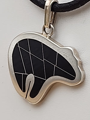 Mexico Southwest Style 950 Fine Silver/ Black Inlaid Onyx Bear Pendant