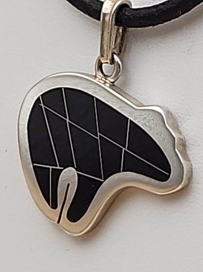 Mexico Southwest Style 950 Fine Silver/ Black Inlaid Onyx Bear Pendant