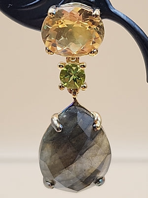 Gray Labradorite/Yellow Citrine/Green Peridot Sterling Silver Drop Earrings