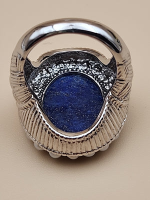 LYDIA Lapis Lazuli/Pearl/Sterling Silver Hand Carved Cameo Ring Size 7