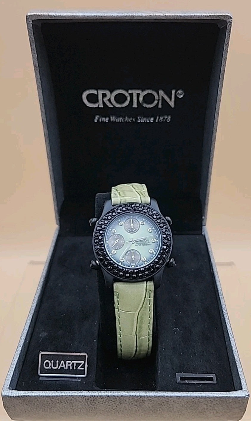 CROTON Green Leather Band/Chronograph/Water Resistant Gemmed Womens Watch