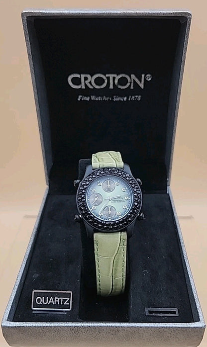 CROTON Green Leather Band/Chronograph/Water Resistant Gemmed Womens Watch
