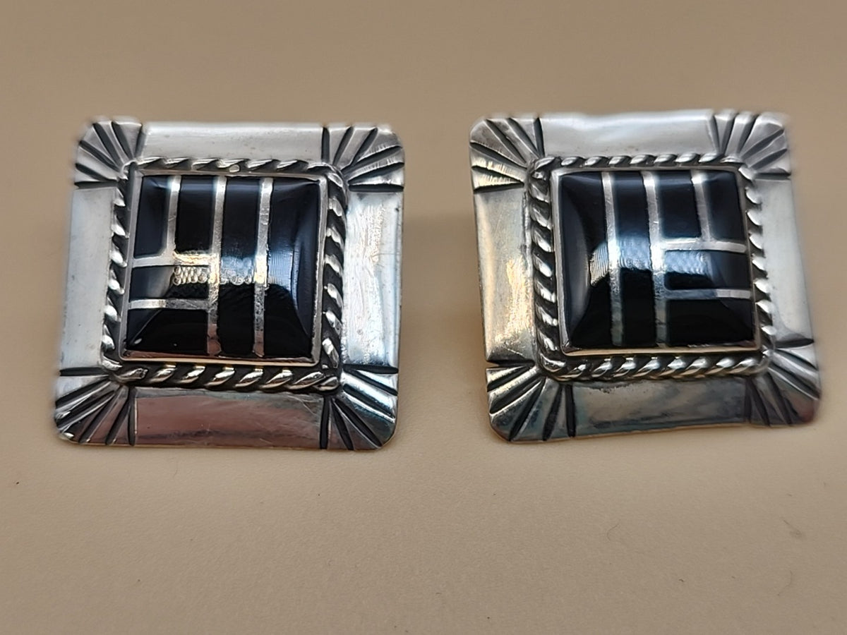 DAVID R FREELAND JR Southwestern Black Onyx Inlaid/Sterling Silver Earrings