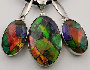Indonesian Faceted Ammolite/925 Silver Oval Pendant & Earrings Set