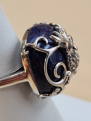 Lapis Lazuli/Sterling Silver/Clear Crystal/Red Garnet Owl Design Ring Size 7.75