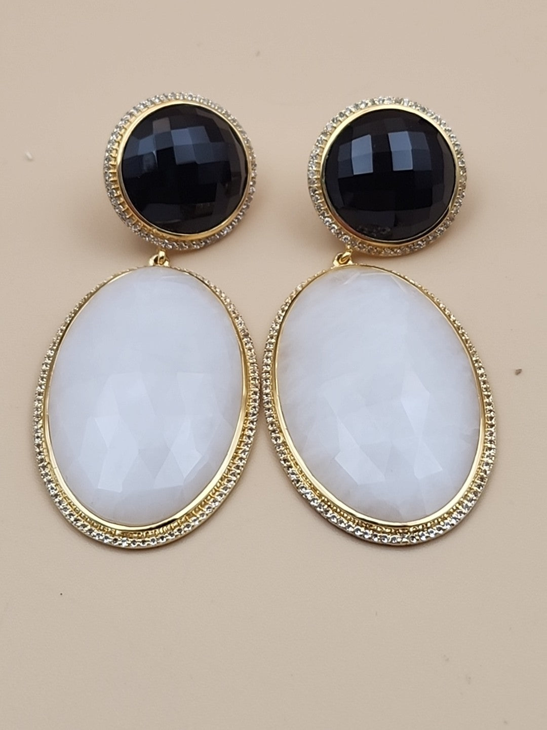 ROSS SIMONS 18k Over Sterling White Agate/ Black Onyx/White Topaz Drop Earrings