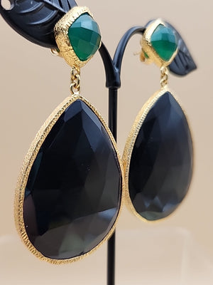 HSN CAROL BRODIE Gold Vermeil Faceted Black & Green Onyx Pear Drop Earrings
