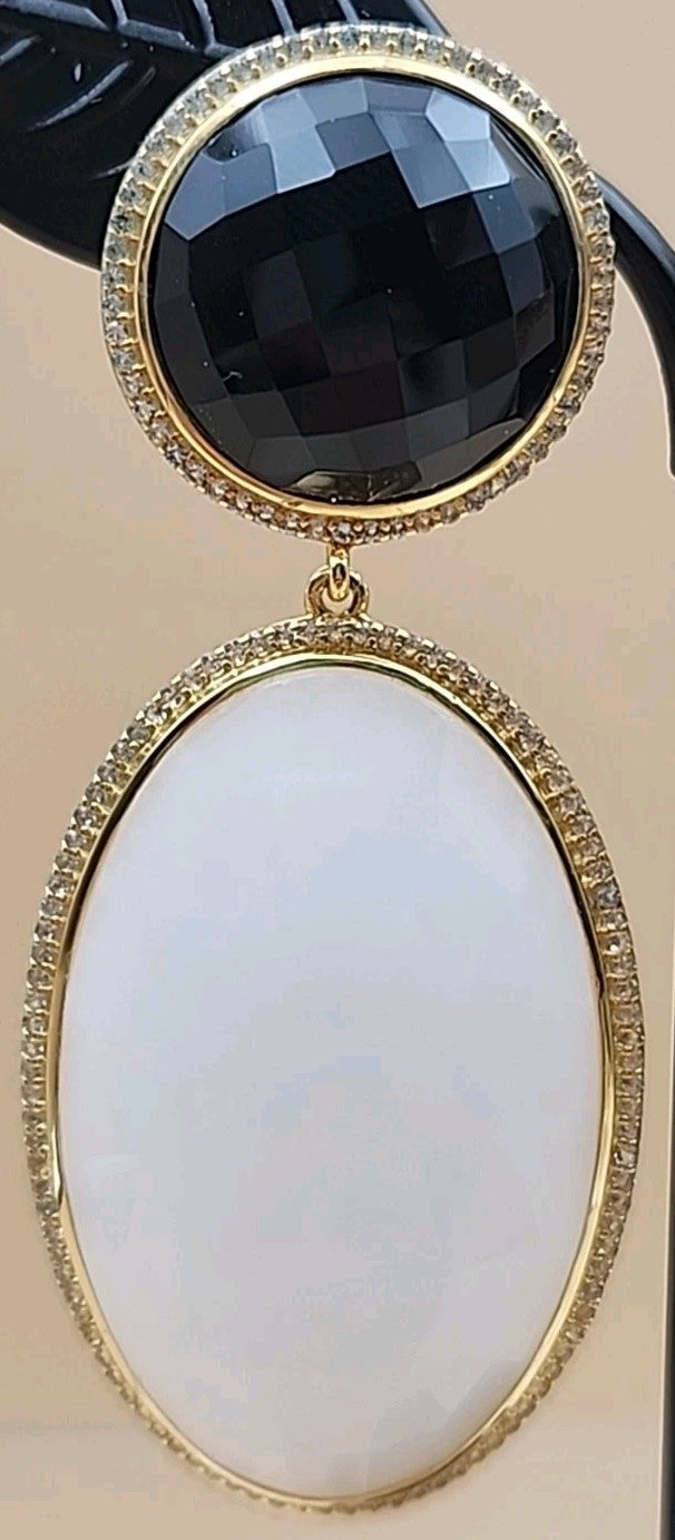 ROSS SIMONS 18k Over Sterling White Agate/ Black Onyx/White Topaz Drop Earrings