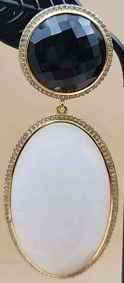 ROSS SIMONS 18k Over Sterling White Agate/ Black Onyx/White Topaz Drop Earrings