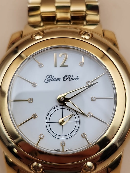 GLAM ROCK Miami Quartz Gold Tone/Crystal Indices/Glowing Hands Watch NEW BATTERY