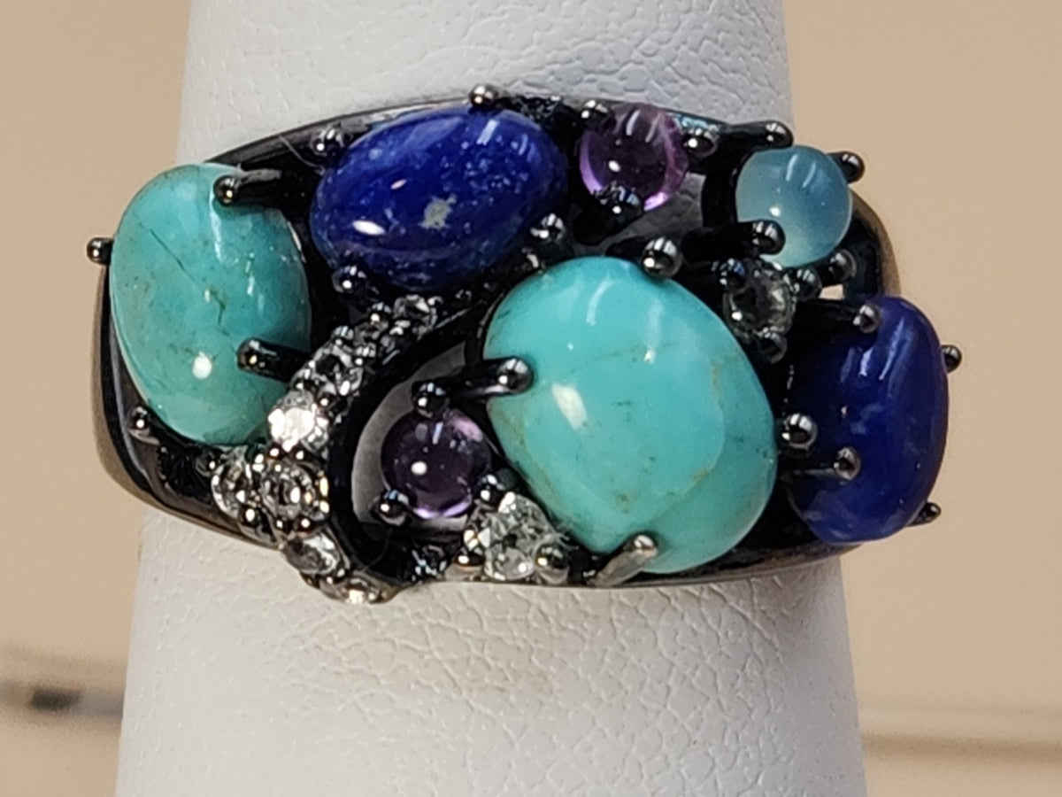 ROSS SIMONS Turquoise/Lapis/Amethyst/Black Rhodium Over Sterling Ring Size 7.25