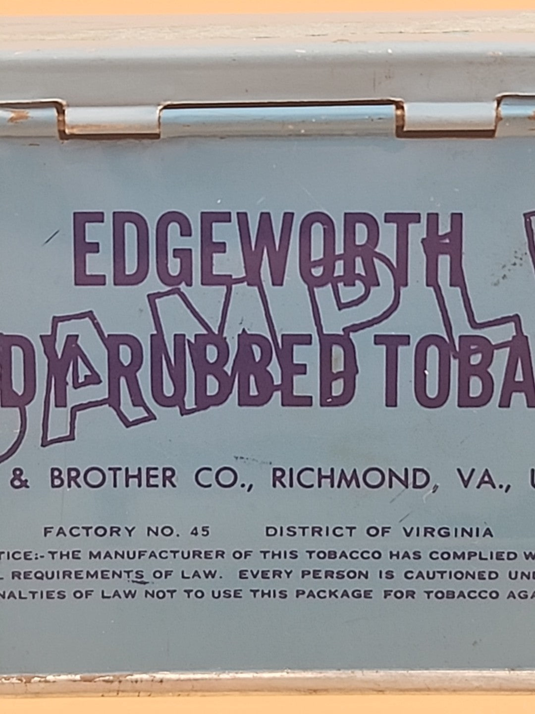 1920's LARUS & BROTHER CO./EDGEWORTH Vintage Advertising Tin Can With Hinged Lid