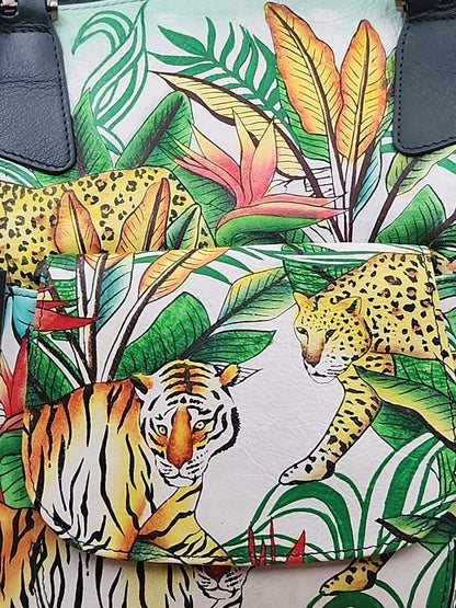 Sharif Hand Painted Jungle Tiger  Leather Hand Bag With  Detachable Crossbody