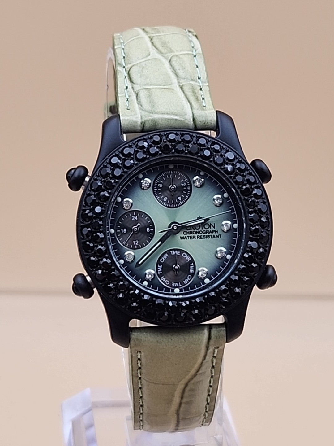 CROTON Green Leather Band/Chronograph/Water Resistant Gemmed Womens Watch
