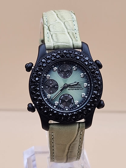 CROTON Green Leather Band/Chronograph/Water Resistant Gemmed Womens Watch