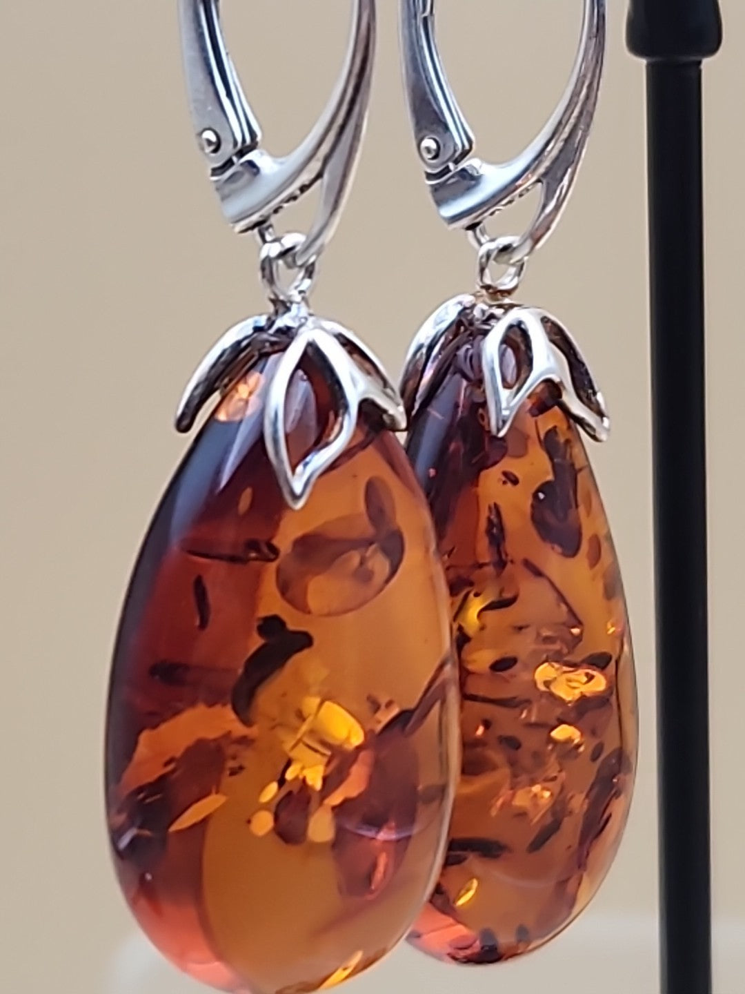 Baltic Cognac Amber/Sterling Silver 1.75" Drop/Dangle Earrings