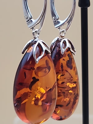 Baltic Cognac Amber/Sterling Silver 1.75" Drop/Dangle Earrings