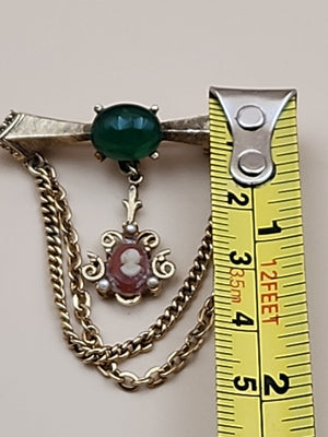 1950's-60's Victorian Revival Jadeite Cabochon/Gold Tone Cameo Dangle Brooch