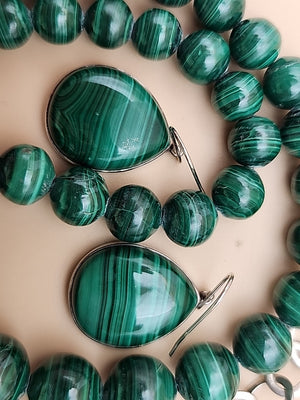 HSN Malachite/Sterling Silver Beaded Adjustable 24" Necklace & Earring Set