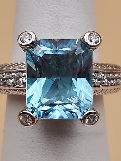 JUDITH RIPKA Aquamarine/Cubic Zirconia/Sterling Silver Ring Size 6