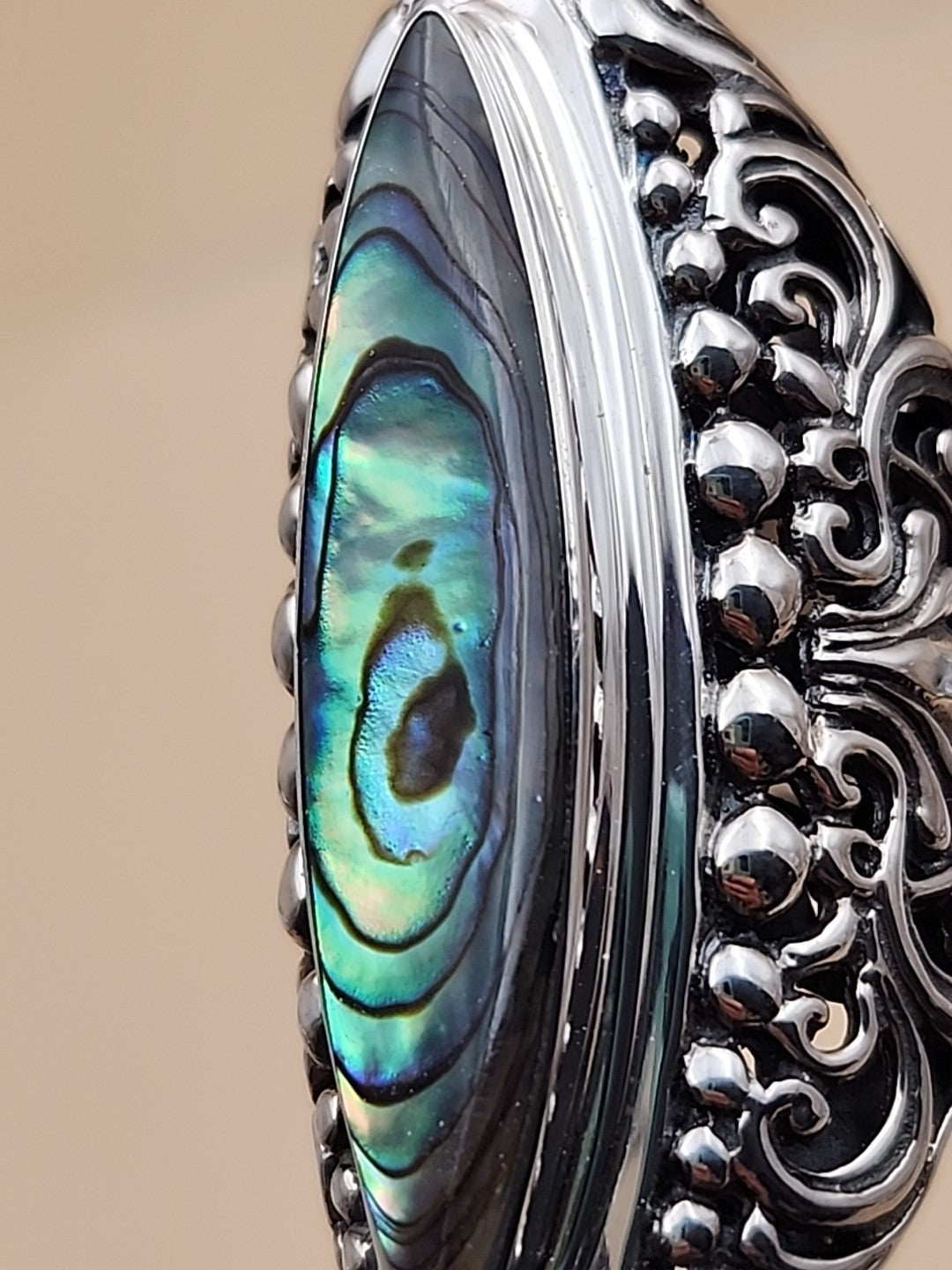 SAMUEL B. Abalone Shell  Sterling Silver Filigree Ring Size 8.25