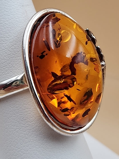 Cognac Baltic Amber/Sterling Silver Leaf Adjustable Ring Size 7.5