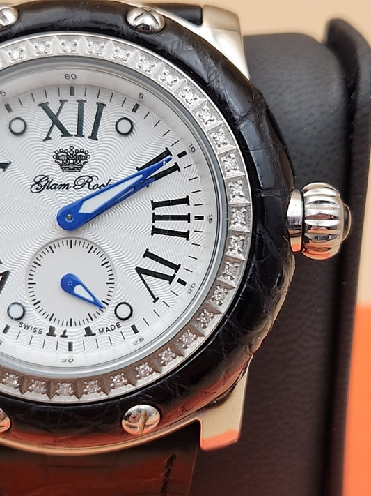 GLAM ROCK Black Alligator Leather/Diamond Bezel/Miami #GR10021 NEW BATTERY