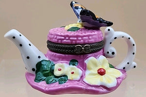 Limoges Hand Painted Teapot Sunhat With Butterfly/Flowers Porcelain Trinket Box
